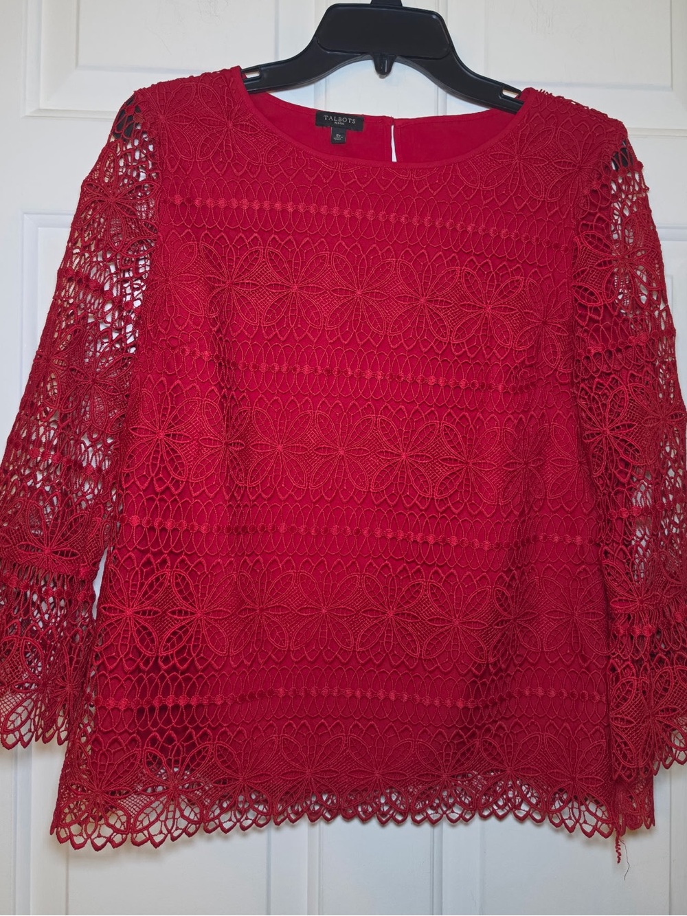 Talbots Red Floral Lace Blouse 3/4 Sheer Bell Sleeve Petite Small Classic